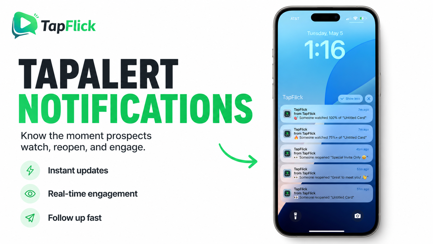 TapAlert notifications showing real-time engagement on a phone lock screen